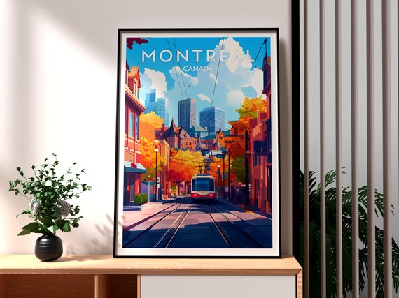 Montreal Canada Autumn Tram Street City Skyline Vintage Travel Poster