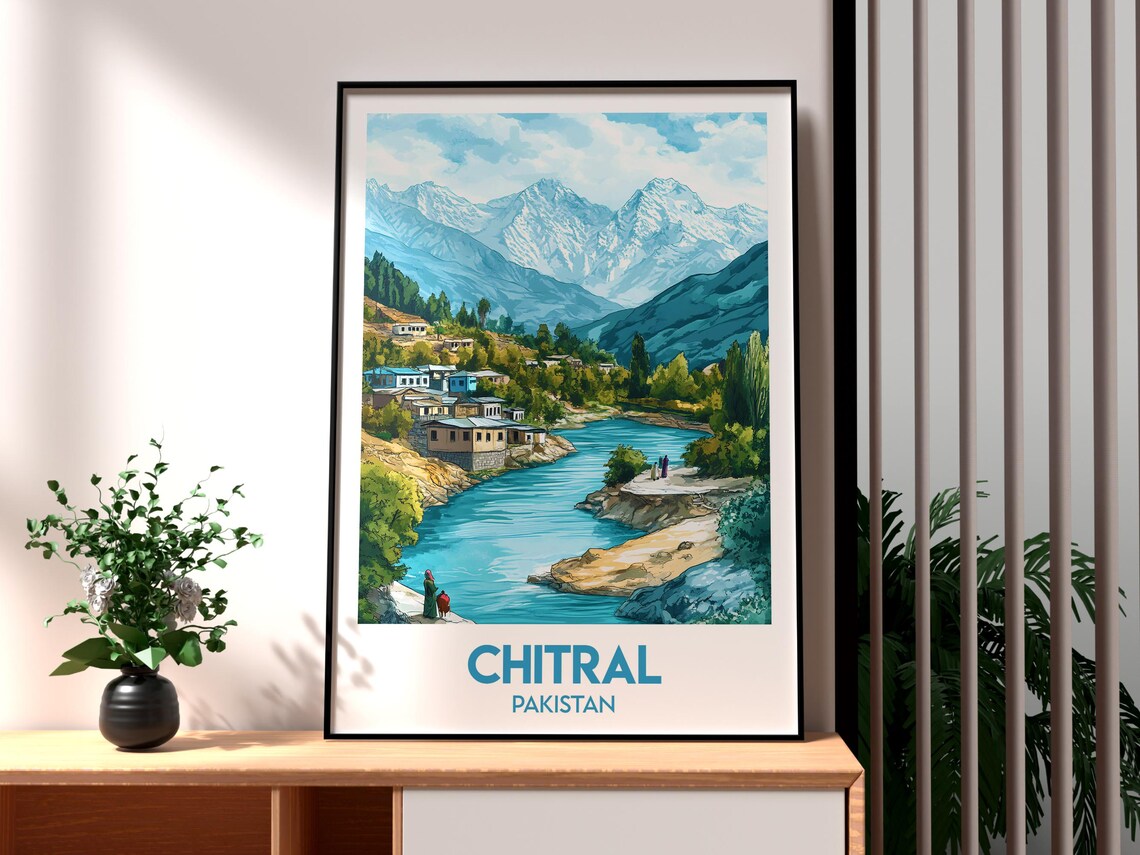 Chitral Pakistan River Valley Village Snow Peaks Travel Poster