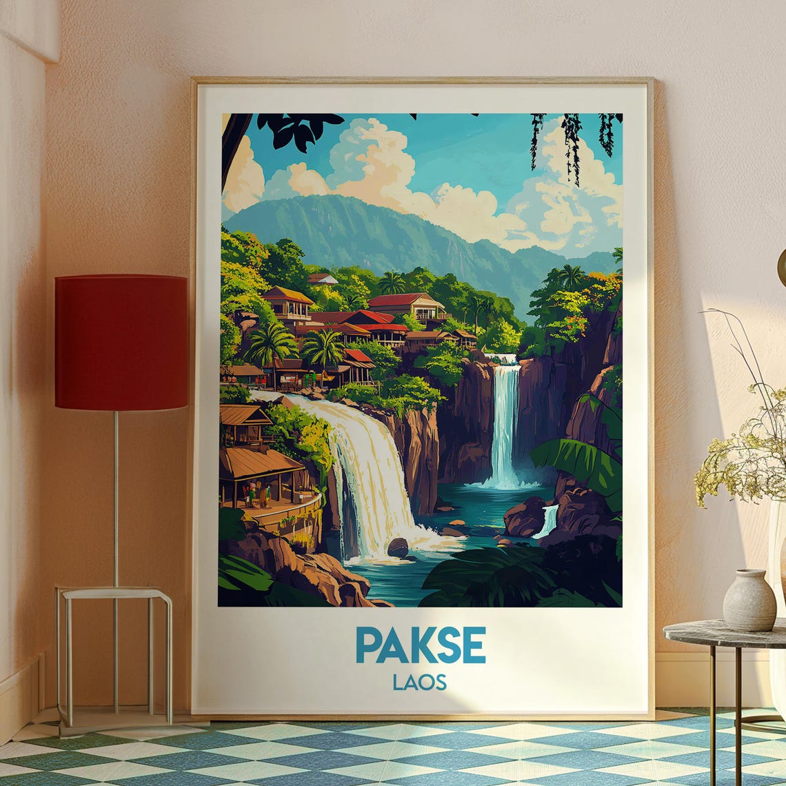 Pakse Laos Twin Waterfall River Village Mountains Travel Poster - Image 2