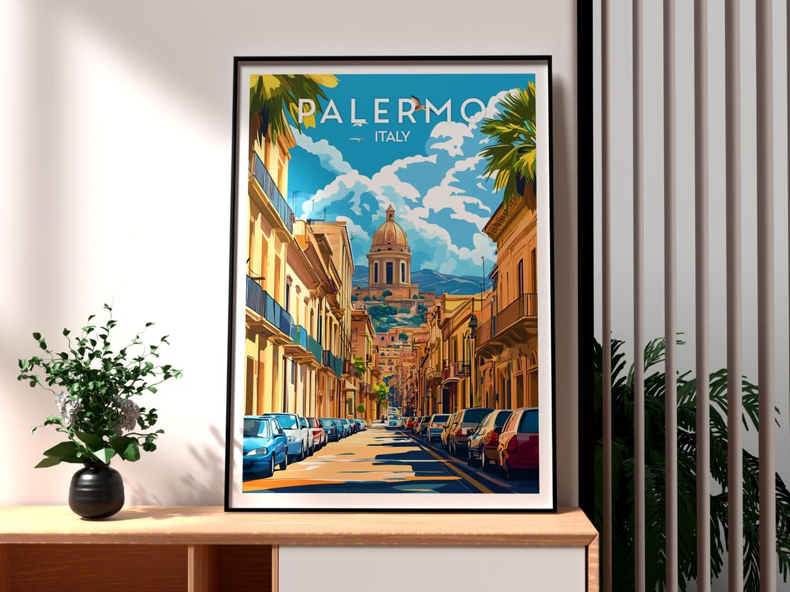Palermo Italy Sunny Street Cathedral Dome Retro Travel Poster