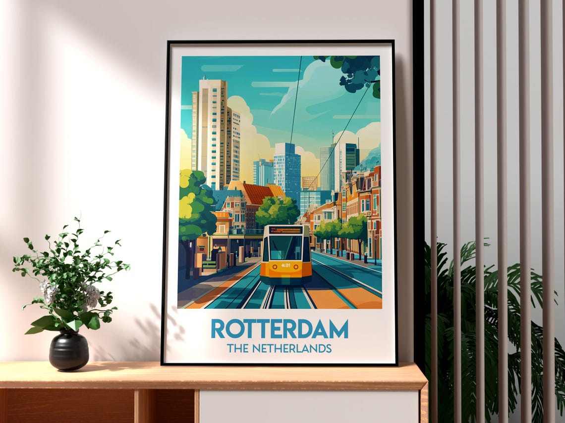 Rotterdam The Netherlands City Tram Retro Illustrated Travel Poster