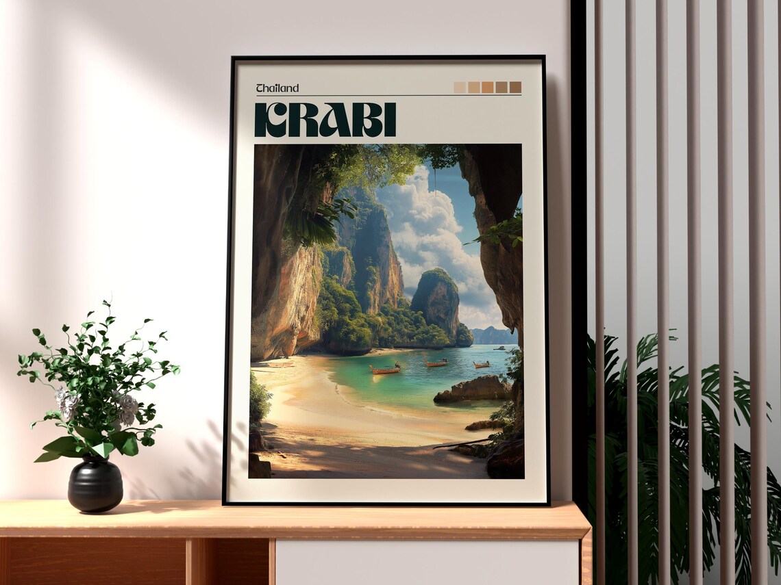 Krabi Thailand Limestone Cliffs Beach Longtail Boats Travel Poster