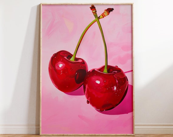 Hot Pink Red Cherry Painting Trendy Wall Art Preppy Kitchen Wall Decor Vibrant Eclectic Poster Print Gift