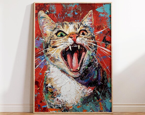 Feisty Cat Mouth Open Pop Art Poster Vibrant Bold Feline Portrait Decor