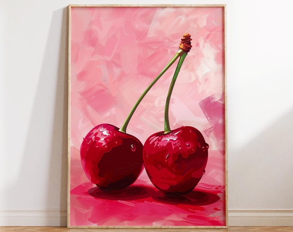 Preppy Cherry Print Kitchen Wall Art Pink Red Pop Art Poster Trendy Eclectic Home Decor Fruit Painting