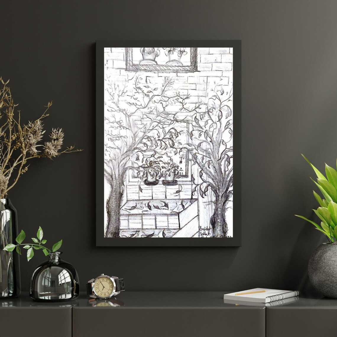 Charcoal Pencil Sketch Of Garden Courtyard With Trees Poster - Image 5