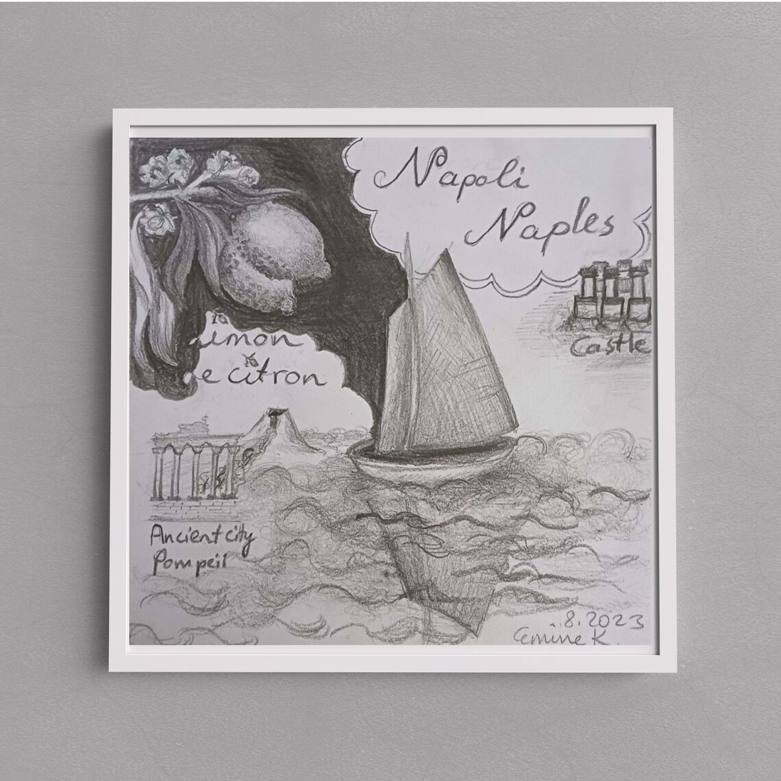 Napoli Naples Charcoal Sketch Sailboat Pompeii Lemon Travel Poster - Image 2