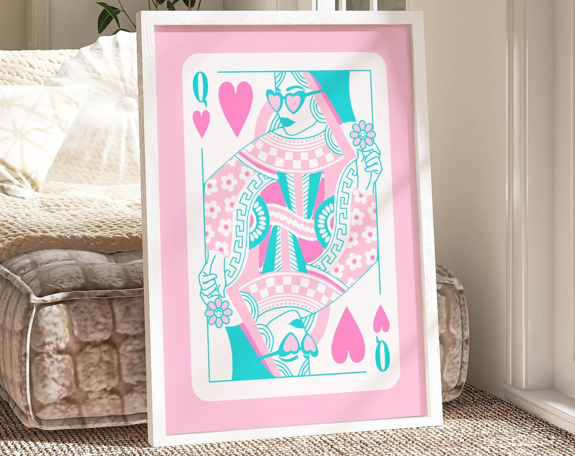 Queen Of Hearts Cute Girly Wall Art Above Bed Teen Girls Room Decor Retro Pink Poster Retro Teal Wall Art Preppy Dorm Room Decor Aesthetic - Image 2