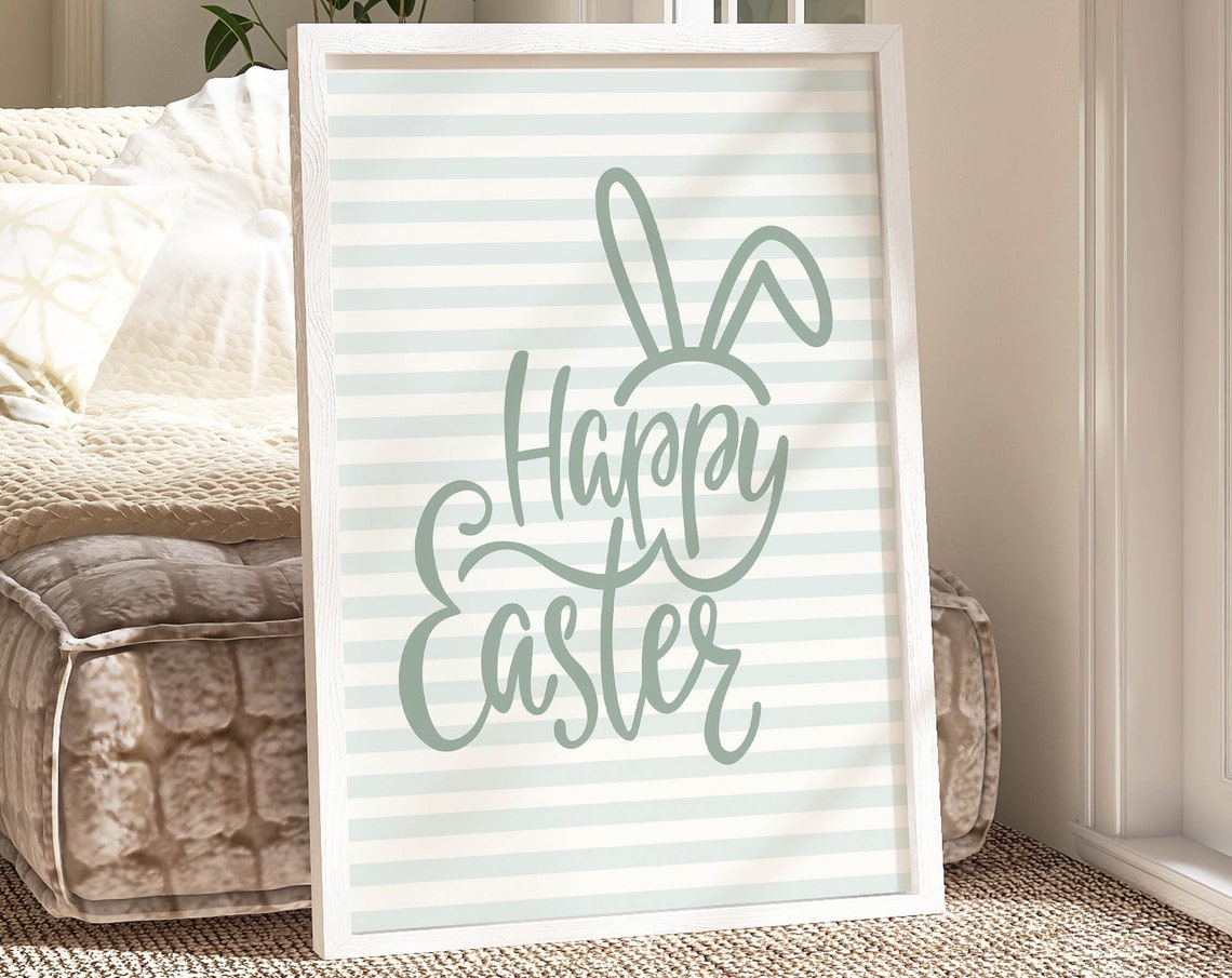 Happy Easter Bunny Ears Sage Green Striped Spring Wall Poster