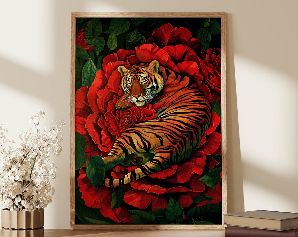 Sleeping Tiger Curled In Red Giant Flower Maximalist Art Poster