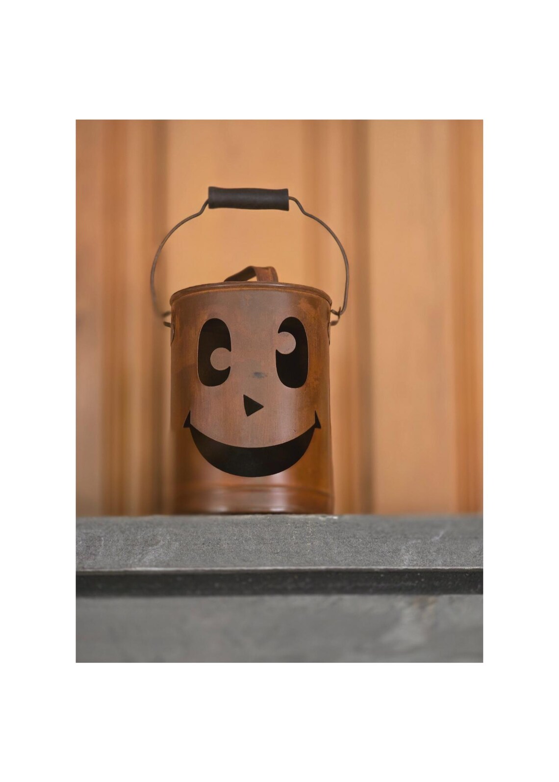 Metal Jack O Lantern Face Bucket Rustic Copper Halloween Candy Pail Decor - Image 2
