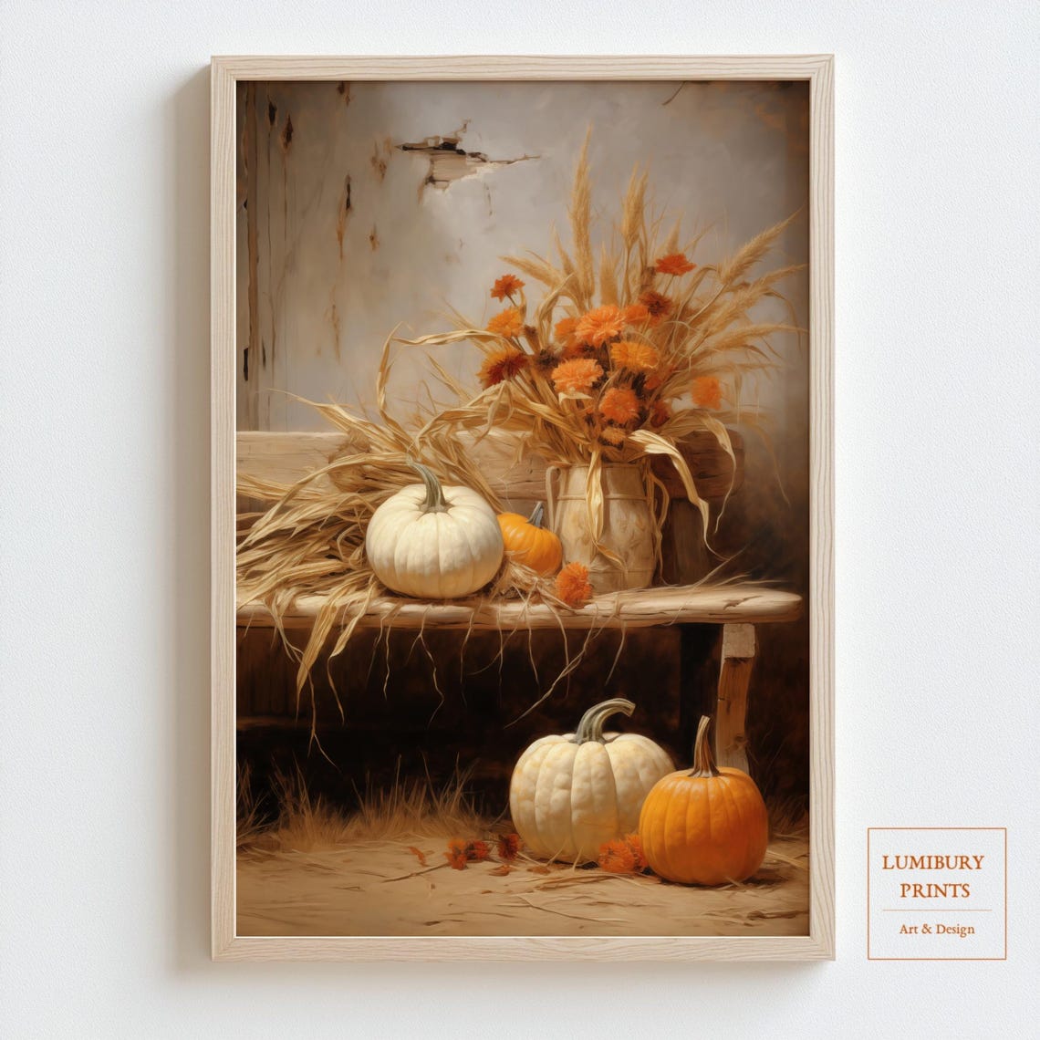 White Pumpkins Orange Flowers Dried Wheat Rustic Bench Autumn Poster