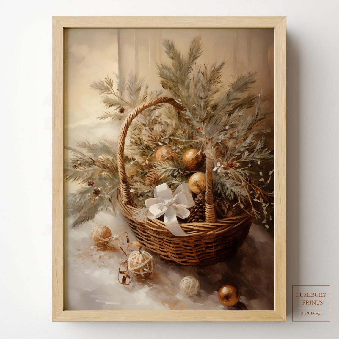 White Bow Christmas Basket Gold Ornaments Elegant Holiday Poster
