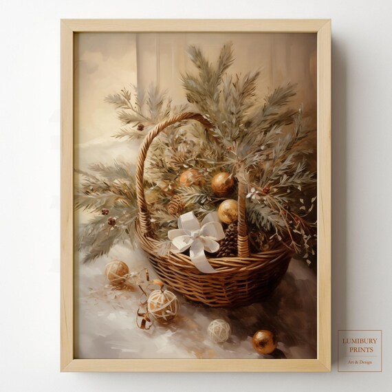 White Bow Christmas Basket Gold Ornaments Elegant Holiday Poster