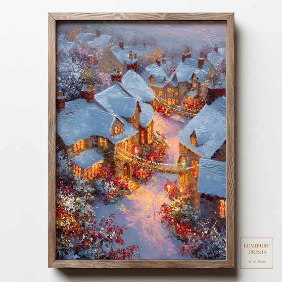 Snowy Christmas Village Lights Impasto Winter Wonderland Poster