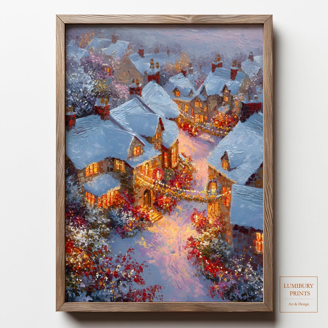 Snowy Christmas Village Lights Impasto Winter Wonderland Poster