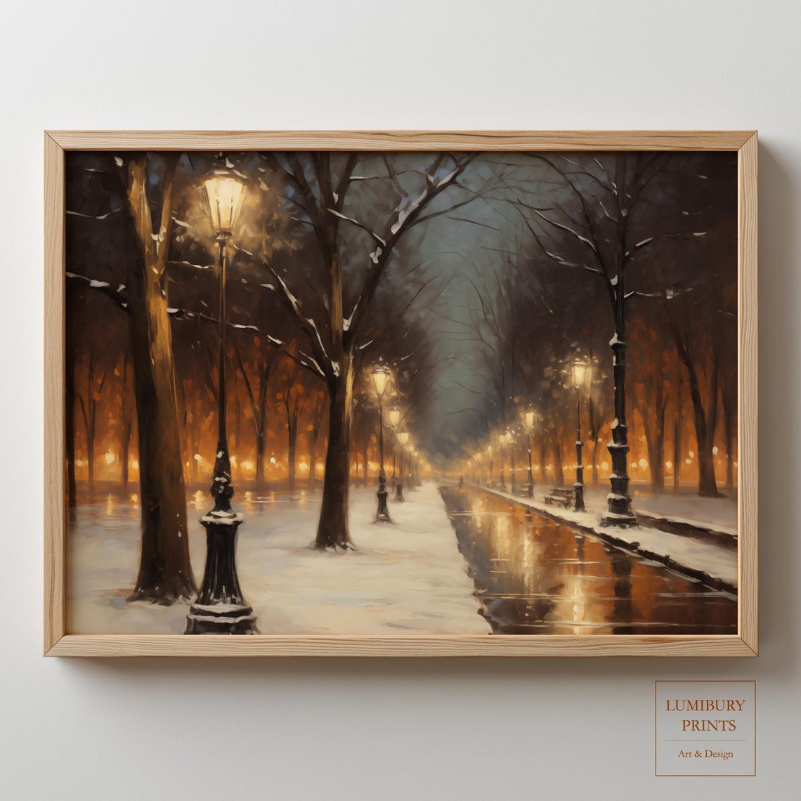 Snowy Park Avenue at Night Glowing Lampposts Oil Painting Style Poster