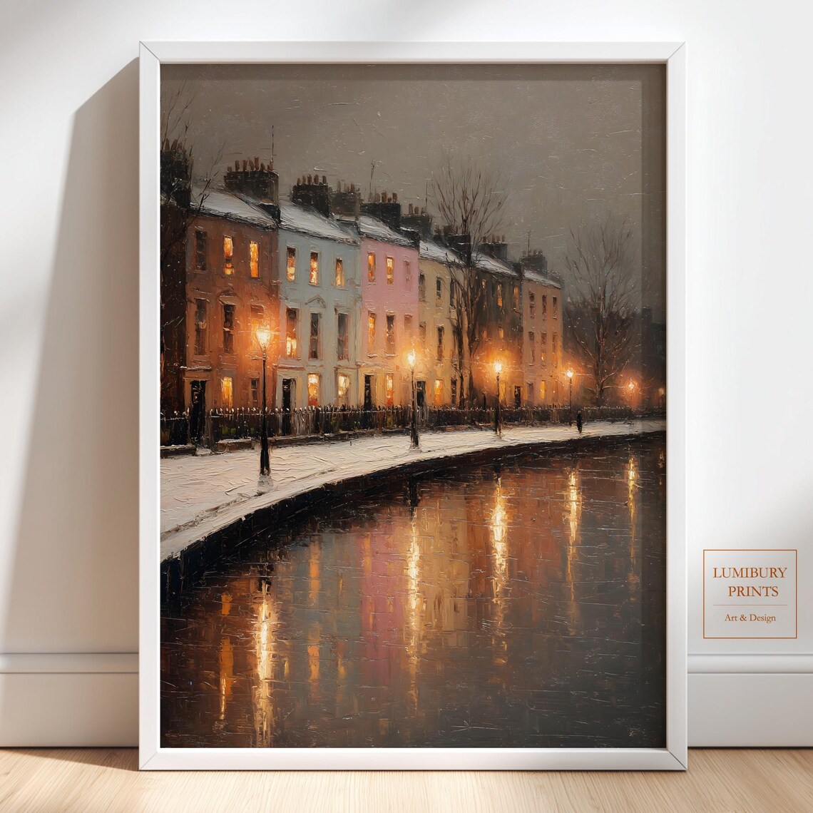 Snowy Canal Townhouses Lamplight Winter Night Oil Painting Print