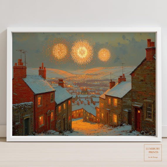 Winter Village Wall Art New Year Print Snowy Landscape Firework Instant