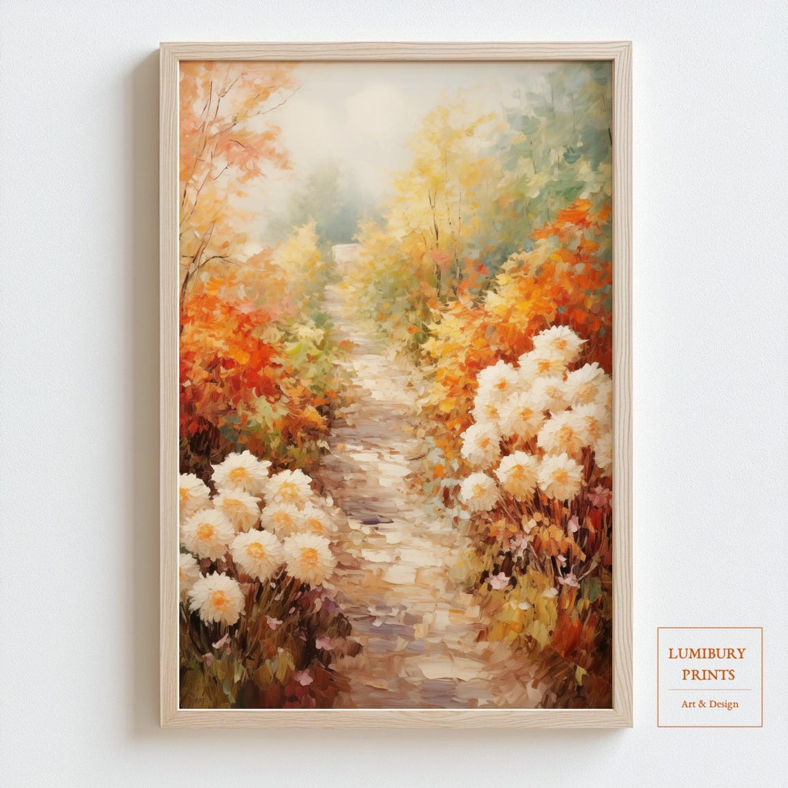 White Chrysanthemum Path Warm Autumn Foliage Botanical Poster