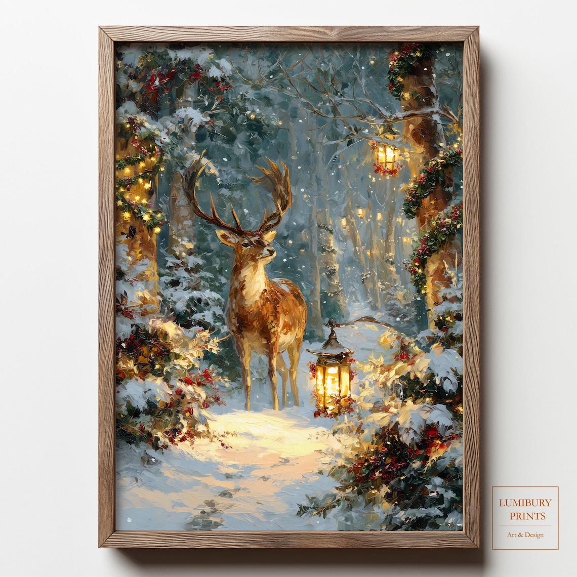 Christmas Reindeer Winter Forest Vintage Art Print