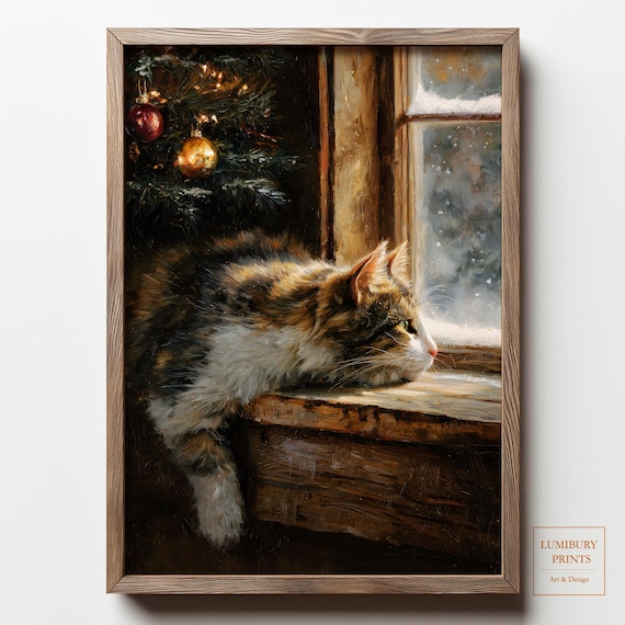 Cozy Christmas Cat on Windowsill Watching Snowfall Oil Painting Poster