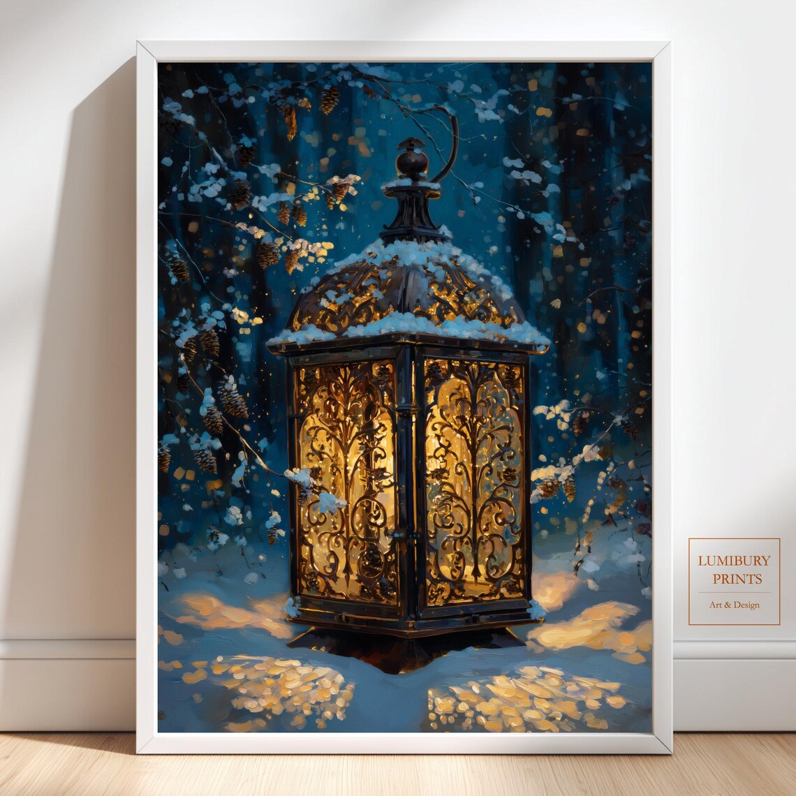 Ornate Lantern Glowing in Snowy Pine Forest Golden Winter Night Art Print