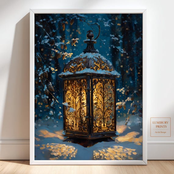 Winter Lantern Wall Art Snowy Forest Scene Pinecone Painting Golden Light Instant