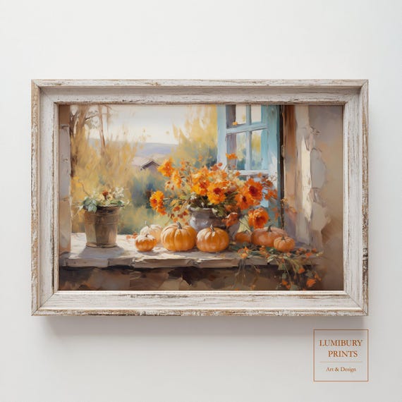 Rustic Halloween Home Decor Neutral Pumpkin Art Vintage Fall Autumn Flower Poster Farmhouse Instant