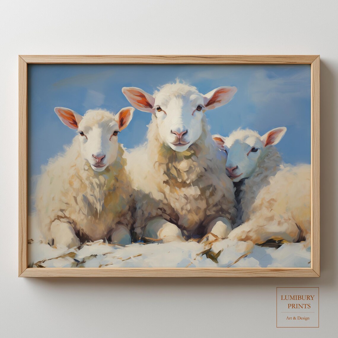 Three White Sheep in Snow Winter Oil Painting Style Poster Farm Decor Art