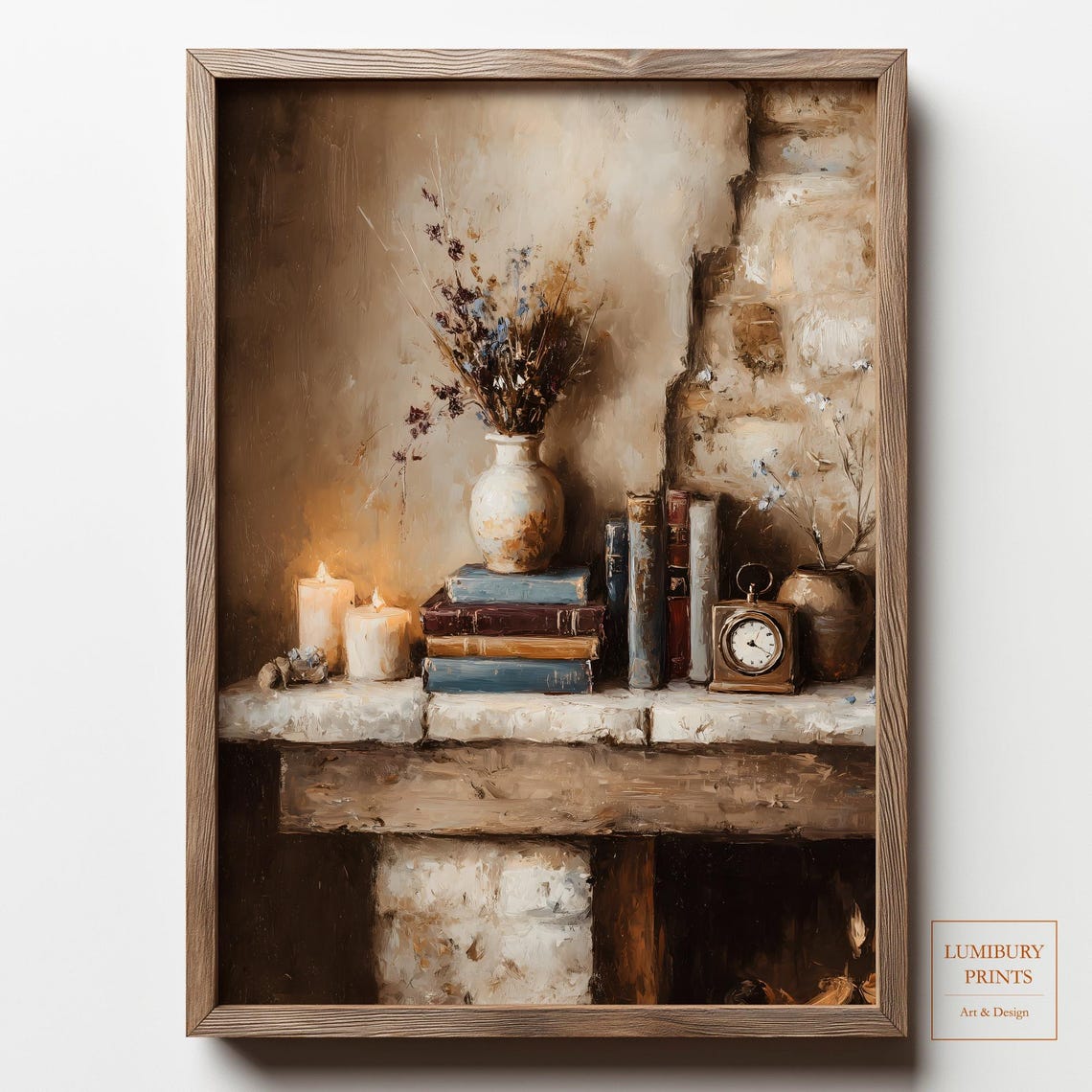 Rustic Mantel Books Candles Clock Warm Still Life Art Poster