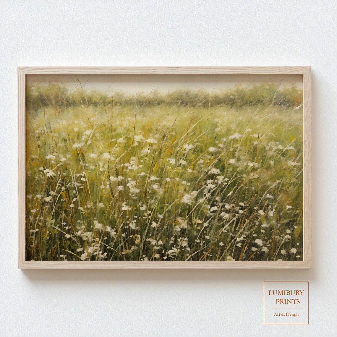 Green Meadow White Wildflowers Oil Painting Style Poster for Living Room