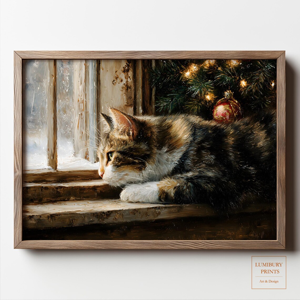 Christmas Cat Wall Art, Rustic Winter Window Print