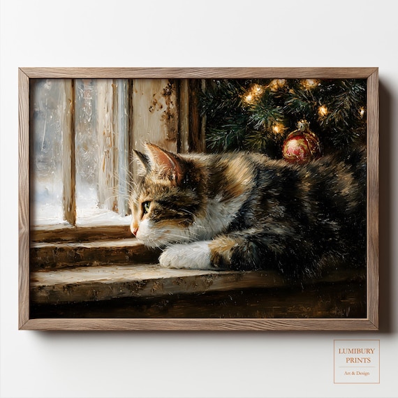 Christmas Cat Wall Art, Rustic Winter Window Print