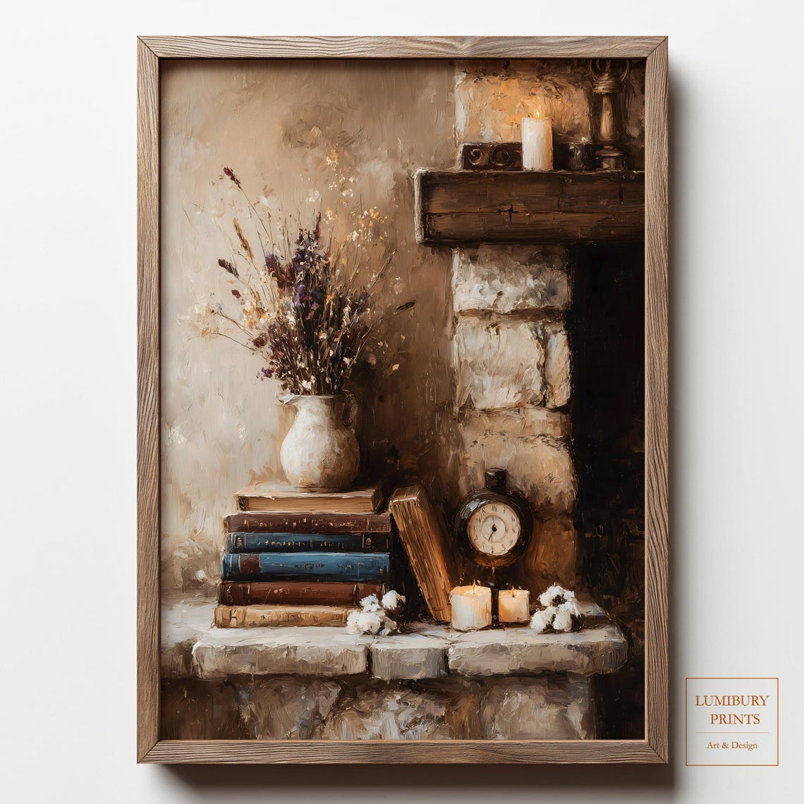 Cozy Fireplace Books Dried Flowers Candle Still Life Art Poster