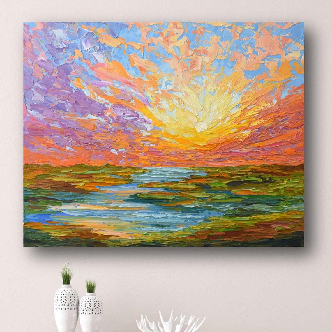 Sunset Art Print Impressionist Wall Dcor Colorful Sky Landscape Painting Stretched Giclee