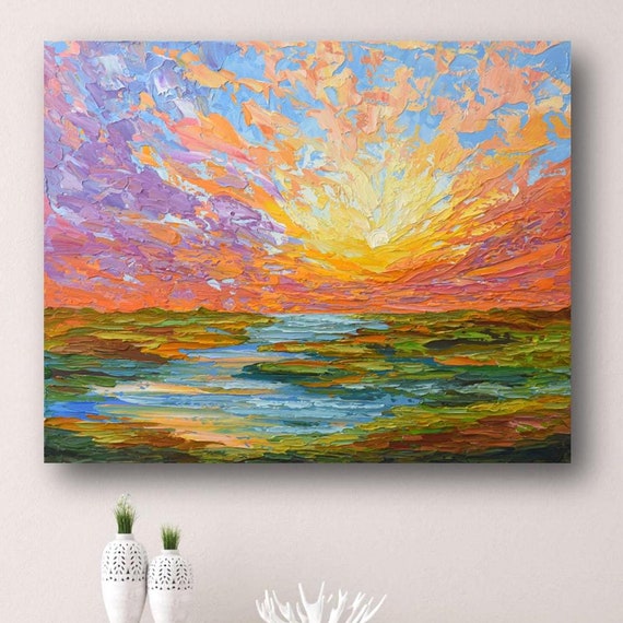 Sunset Art Print Impressionist Wall Dcor Colorful Sky Landscape Painting Stretched Giclee