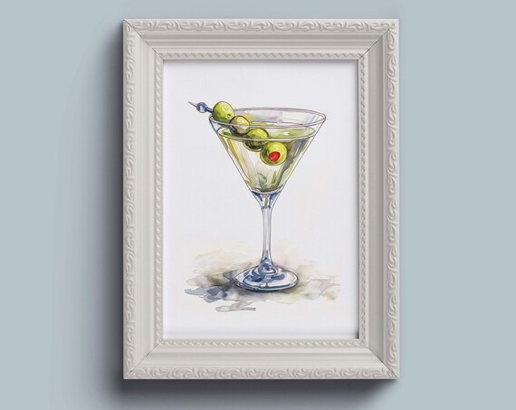 Dirty Martini Watercolor Cocktail Glass With Olives Bar Art Poster