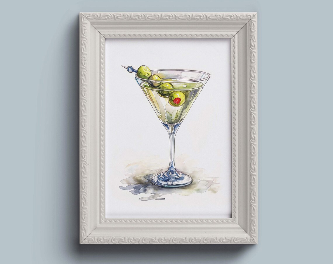 Dirty Martini Watercolor Cocktail Glass With Olives Bar Art Poster