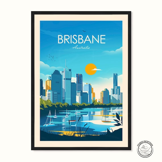 Brisbane Australia Travel Poster, City Skyline Art Print