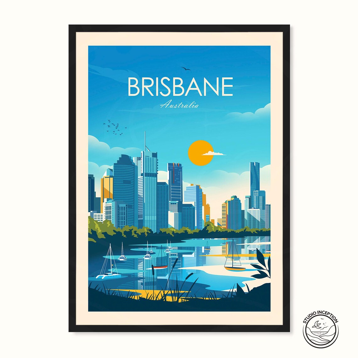 Brisbane Australia Travel Poster, City Skyline Art Print