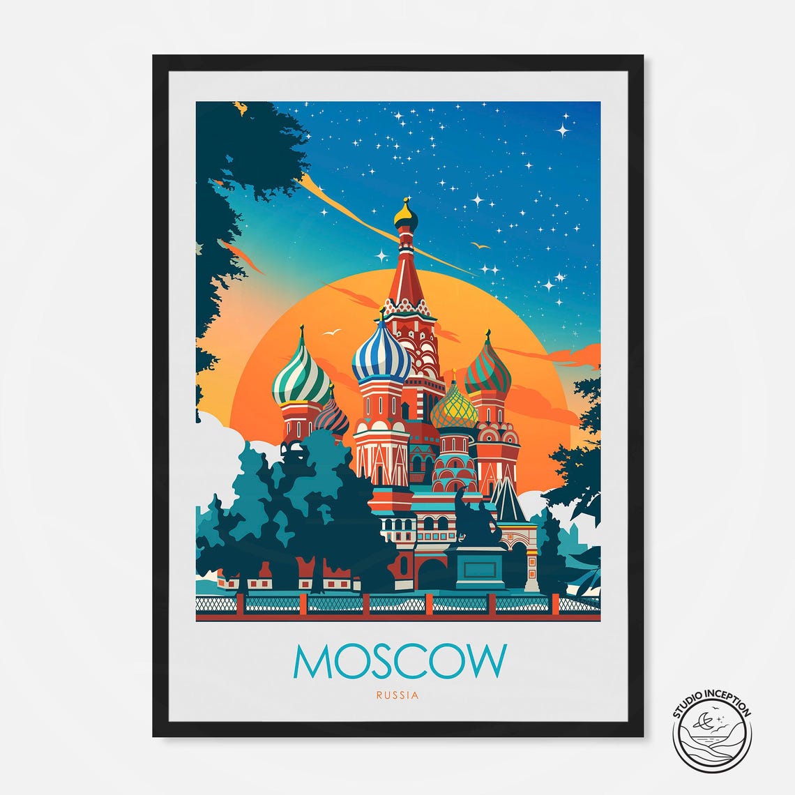 Moscow Russia St Basils Cathedral Sunset Vintage Travel Poster