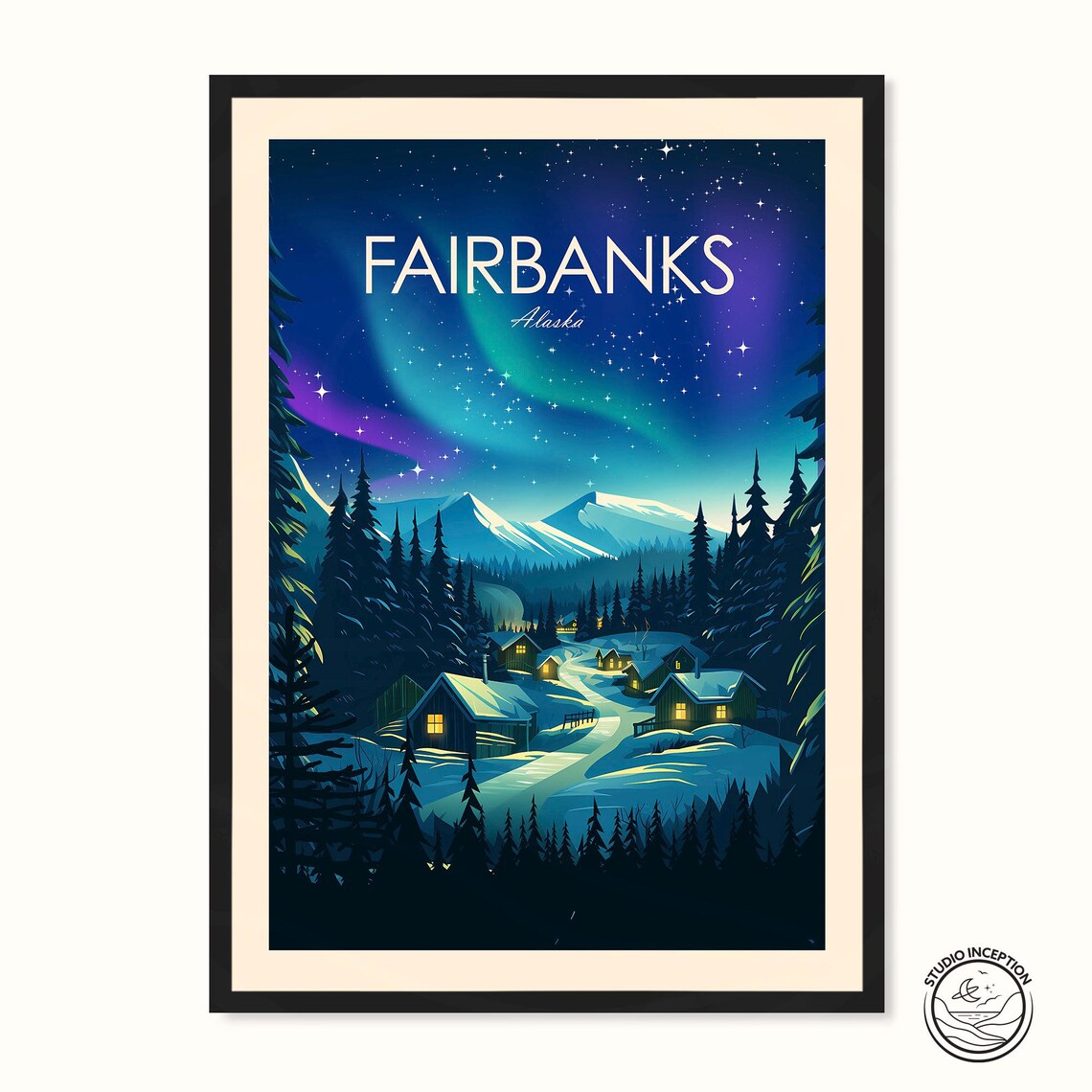 Fairbanks Alaska Travel Poster, Northern Lights Art