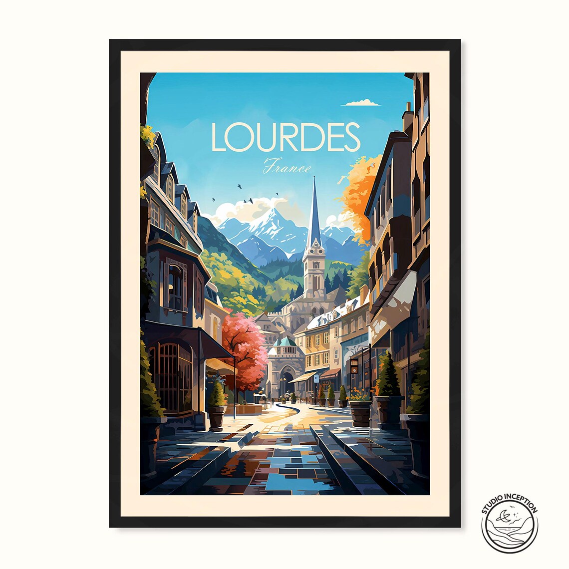 Lourdes France Pyrenees Mountains Cobblestone Street Travel Poster