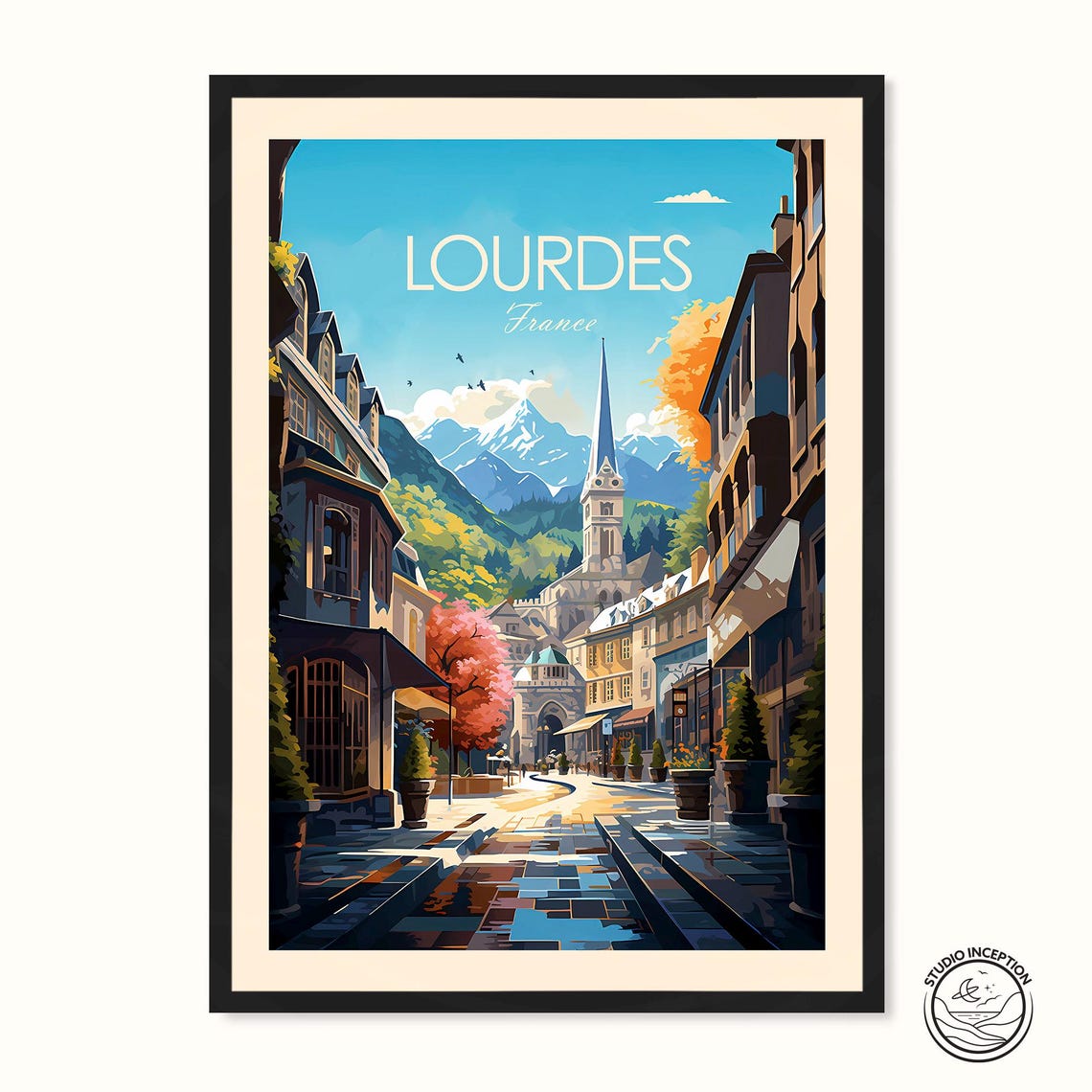 Lourdes Print France Travel Poster Pyrenees Mountains Illustration Our Lady Of Lourdes Travel Art Wedding Gift Honeymoon Present Custom Gift