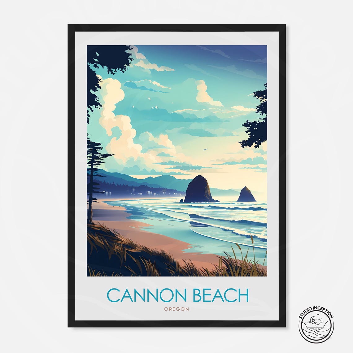 Cannon Beach Oregon Haystack Rock Sunset Coast Travel Poster