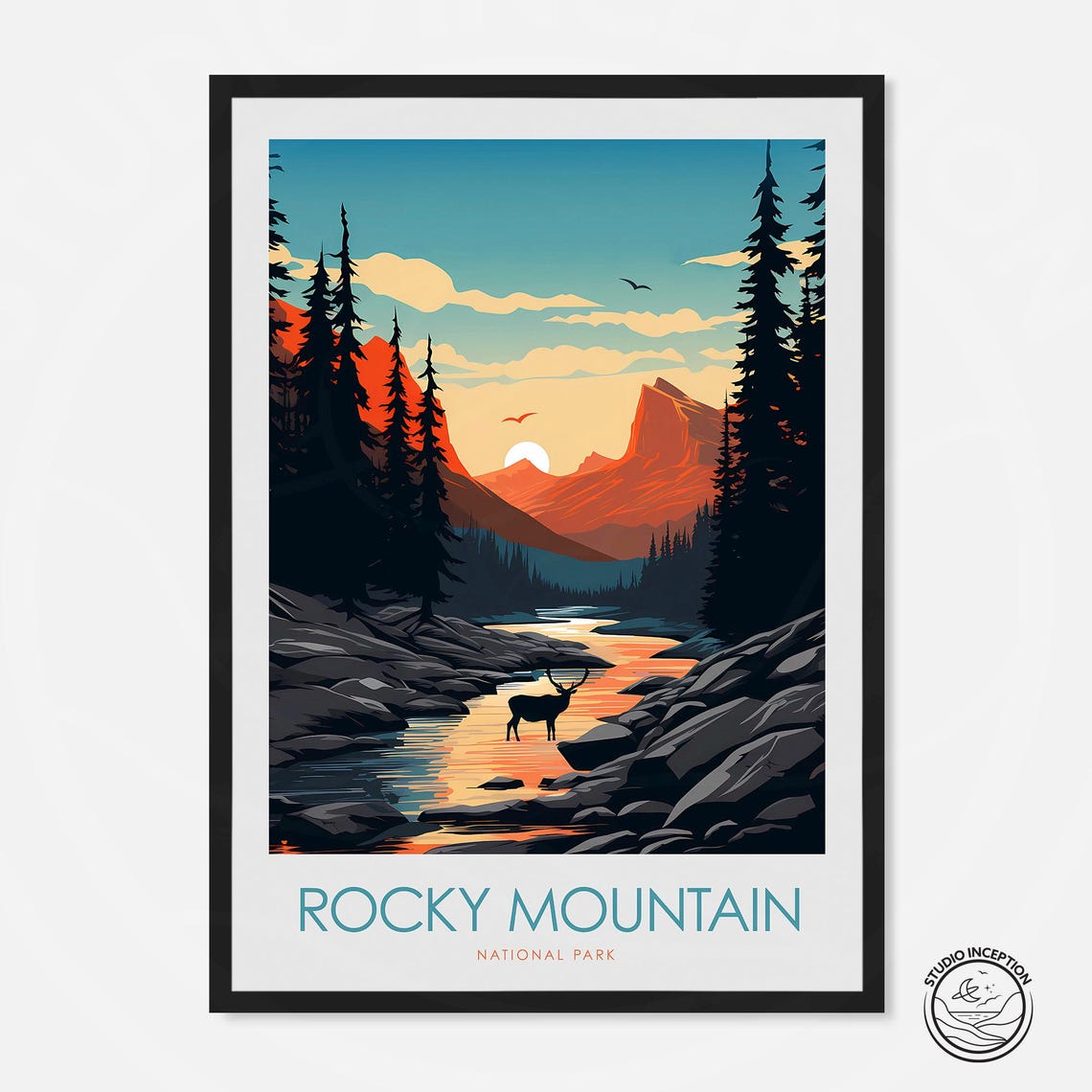 Rocky Mountain National Park Sunset Elk by River Minimal Travel Poster