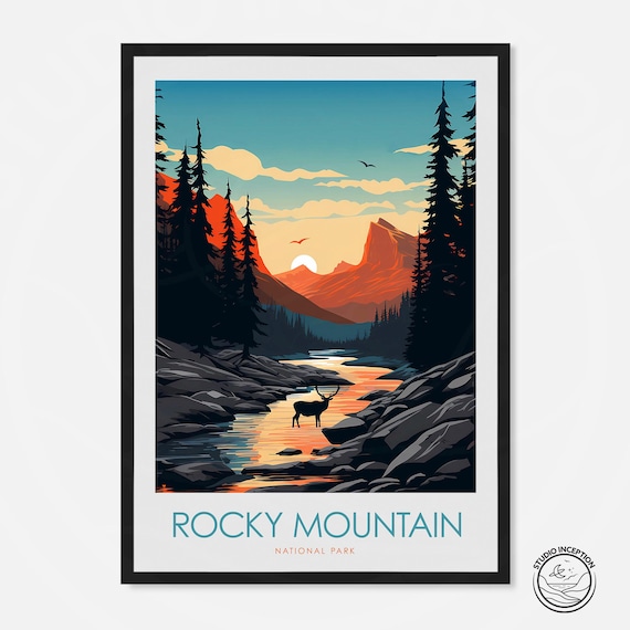 Rocky Mountain National Park Sunset Elk by River Minimal Travel Poster