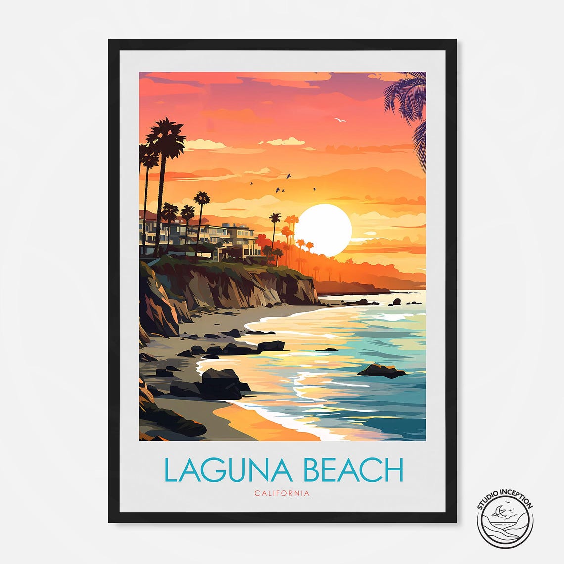 Laguna Beach California Cliff Sunset Palm Cove Travel Poster