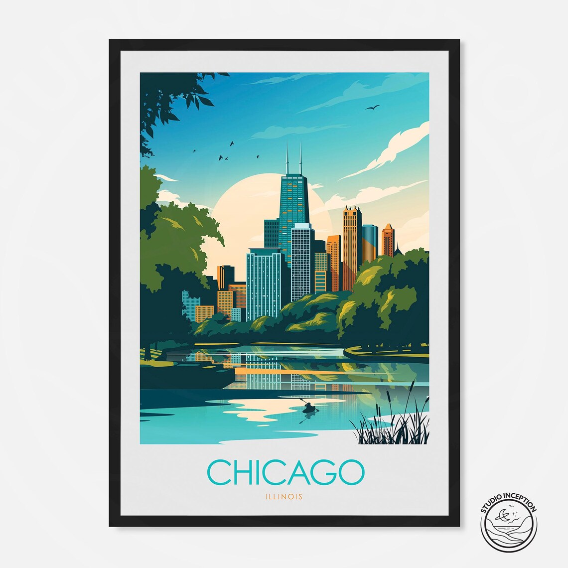 Chicago Illinois Skyline Hancock Tower Lake Vintage Travel Poster